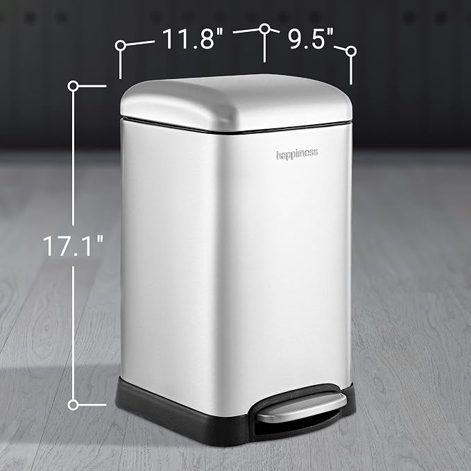 happimess HPM1012A Betty Retro Mini 3.2-Gallon Step-Open Trash Can with Soft-Close Lid, Modern, Minimalistic, Fingerprint Proof for Home, Kitchen, Laundry Room, Office, Bedroom, Bathroom, Chrome