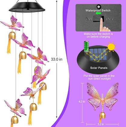 Solar Wind Chimes Outdoor Color Changing Lights, Gift for Women Mom Grandma Sister Best Gifts, Wind Chimes Unique Outdoor Garden Yard Decor (Purple Butterfly Bell)