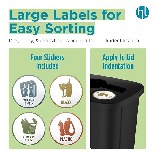 Home Logic Recycling Bin System, 3 Pack Waste Sorting Containers with Stickers, Plastic Trash Cans for Kitchen Garage Home Recycling Organization, 13 Gallon, Black