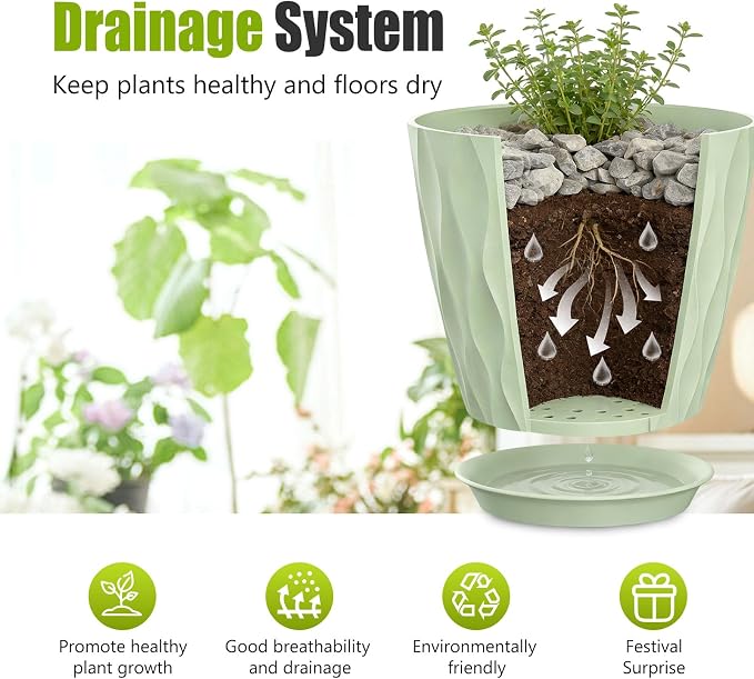 8 Inch Plastic Plant Pots,Set of 5 Flower Pots,Planters with Drainage Holes & Saucers, Indoor Outdoor Garden Pots for Home Decor(Green)