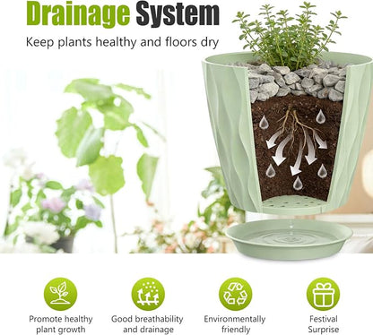 8 Inch Plastic Plant Pots,Set of 5 Flower Pots,Planters with Drainage Holes & Saucers, Indoor Outdoor Garden Pots for Home Decor(Green)