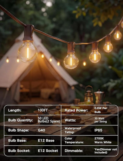 SUNSGNE 100FT Brown Outdoor String Lights, Shatterproof LED Globe String Lights with 50 G40 LED Bulbs, Waterproof Connectable Hanging Light for Backyard Patio Porch Balcony Party Decor, E12 Base
