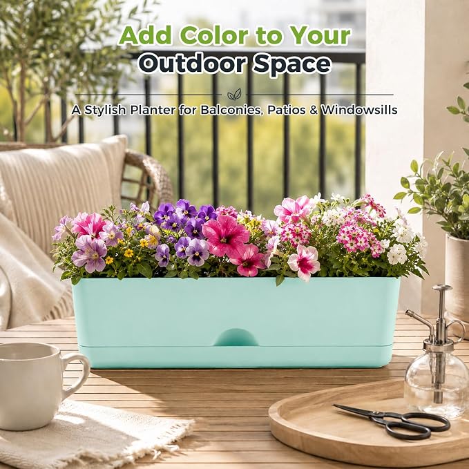 6 Pack Rectangle Planter 16 Inch Window Boxes Planters Rectangular Window Sill Planters Indoor Self Watering Plant Pots with Drainage Holes and Saucers Succulent Herb Flower Pots, Macaron Color