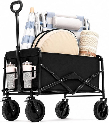 DUMOS Collapsible Wagon Cart, Heavy Duty Foldable Utility Wagon with Wheels – 220 lbs Capacity, Flexible Handle for Beach, Garden, Sports, Grocery & Camping, Black