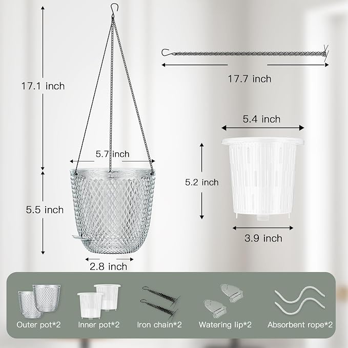 QCQHDU Hanging Planters for Indoor Plants, 2-Pack, 5.7 Inch, Clear | Plastic, Self Watering Plant Hanger, with Drainage Holes, 3 Hooks Chains, For Garden Home