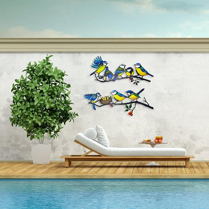 Meduofon Metal Bird Wall Decor, Vivid Feed the Bird Metal Wall Art Lovely Hummingbird Outdoor Decor Suitable for Porch Fence Garden Patio Outdoor Indoor Wall Decorations (2 Pack Multiple Birds Blue)