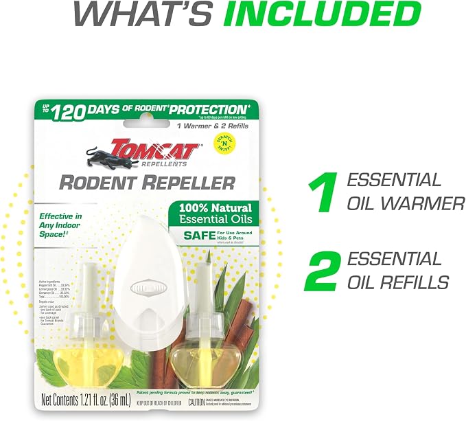 Tomcat Repellents Rodent Repeller, 1 Warmer with 2 Refills | Indoor Plug-In with Lemongrass, Cinnamon, and Peppermint Oil Natural Essential Oil Blend, Repels Rats and Mice