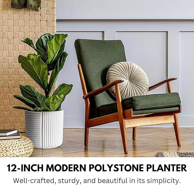 Fox & Fern Large Indoor Planter, Modern Large Plant Pot for Indoor or Outdoor, UV and Frost Resistant - 12 inch, Matte White Flower Pot with Drainage Plug, 3D Printed Design
