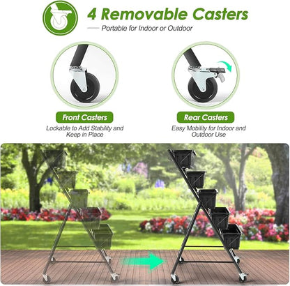 Homdox 2 Pack Vertical Garden Bed, 5 Tiers Raised Garden Planter, 25.6 * 26 * 48 Inch with Drainage System & 4 Hooks, Vegetable Flower Stand for Garden Patio Yard (Black with 4 Wheels)