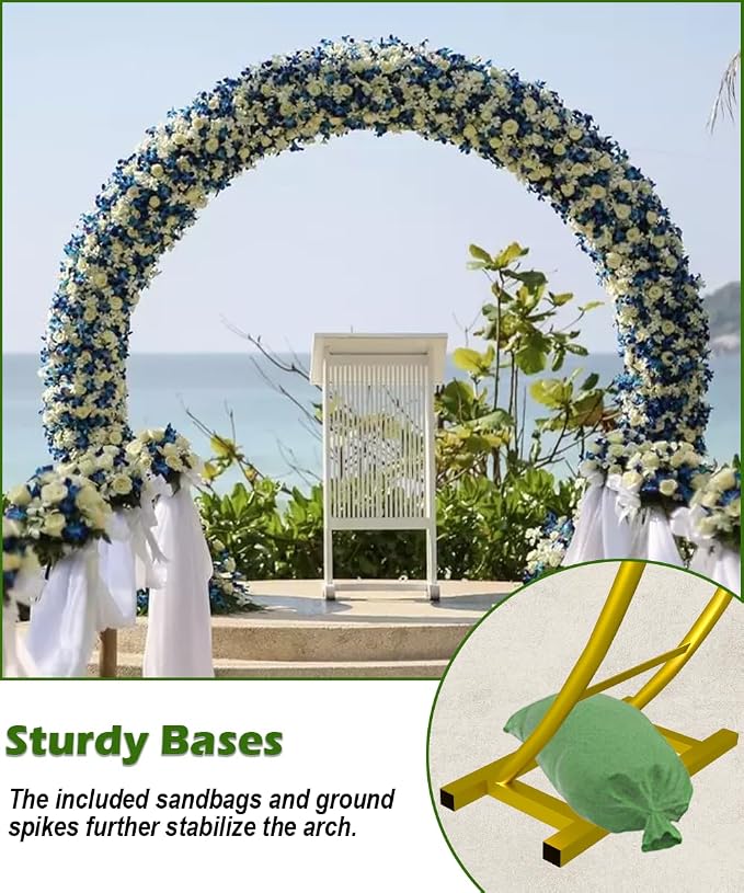 Queension Metal Wedding Arch | for Ceremony Party Decoration 8Ft Wide 7Ft High,Garden Arch Trellis with Ground Bases for Climbing Plants,Outdoor Garden Arbor for Roses Vines, Round Frame, Gold
