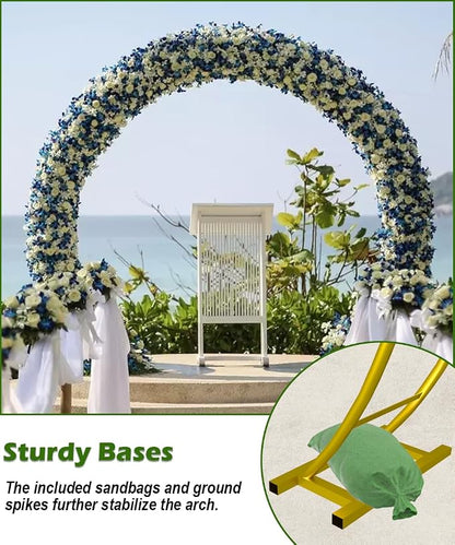 Queension Metal Wedding Arch | for Ceremony Party Decoration 8Ft Wide 7Ft High,Garden Arch Trellis with Ground Bases for Climbing Plants,Outdoor Garden Arbor for Roses Vines, Round Frame, Gold