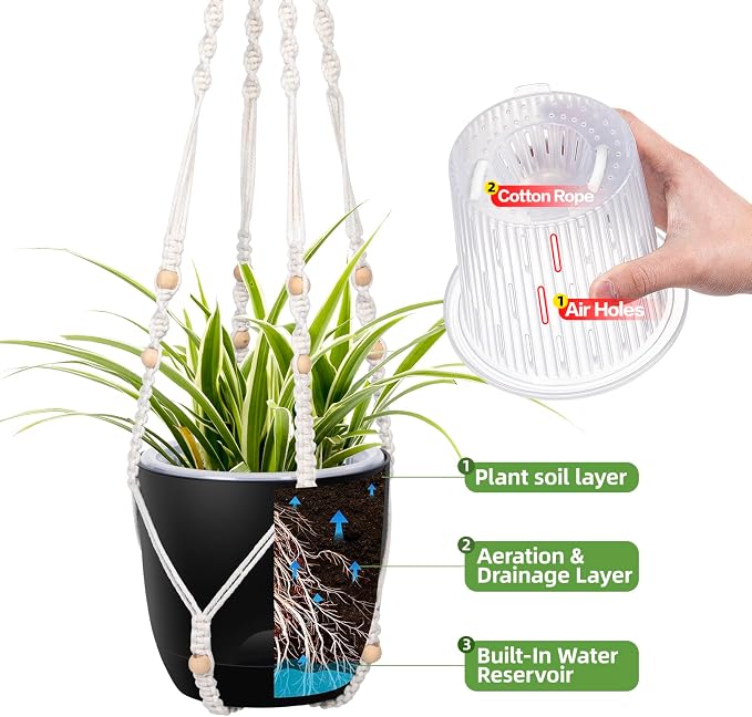 QCQHDU 2-Pack 7.1-Inch Macrame Self-Watering Hanging Planters, Pure Black | Small Plant Pots, Indoor & Outdoor, With Drainage, Two Sets of Hooks
