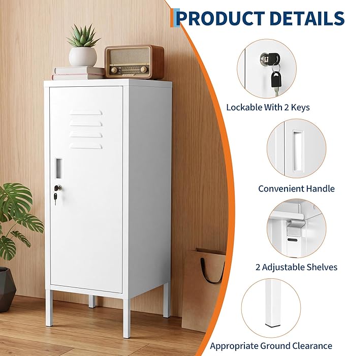 Lockable Metal Locker Cabinet, 39''h Metal Storage Cabinet with Lock, Adjustable Shelf & Ventilation, Steel Locker for Gym, School, Office, Home, Garage White