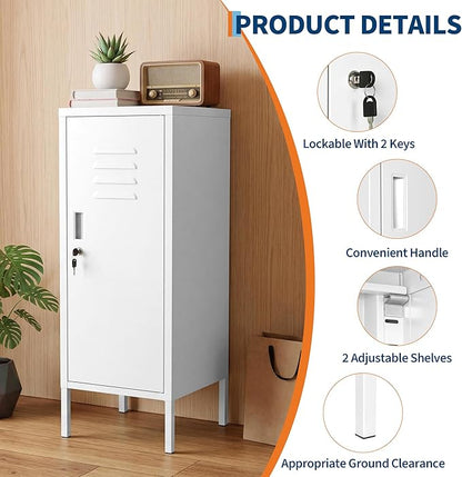 Lockable Metal Locker Cabinet, 39''h Metal Storage Cabinet with Lock, Adjustable Shelf & Ventilation, Steel Locker for Gym, School, Office, Home, Garage White
