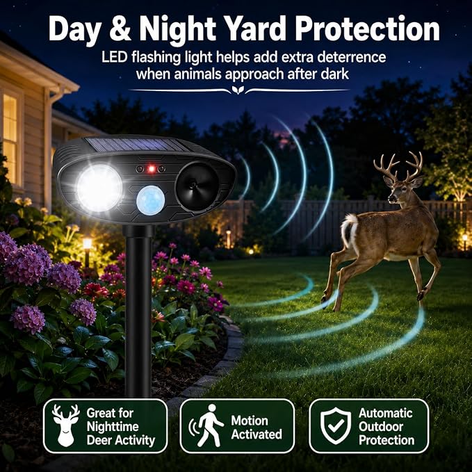 2026 4Pack Sonic Fortress Pro Deer Repellent Devices Solar Ultrasonic Animal Repellent with Motion Sensor&Flash Light-IP65 Waterproof Cat Repellent Outdoor,Rabbit Fortress Pro for Flowers,Plant