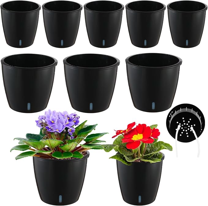 Planterhoma 5/6.7 Inch Self Watering Pots for Indoor Plants, 8 Packs Self Watering Planters for Orchid, Spider Plant, Devil's Ivy & African Violet, Water Indicator & Black Wick Pots, Black