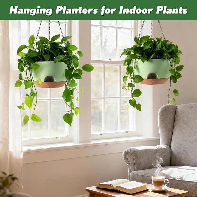 4-Piece Set of 8-Inch Hanging Planters with Automatic Watering System and Drip Tray, Includes Metal Chain, Suitable for Various Indoor and Outdoor Plants and Flowers, Green-Brown