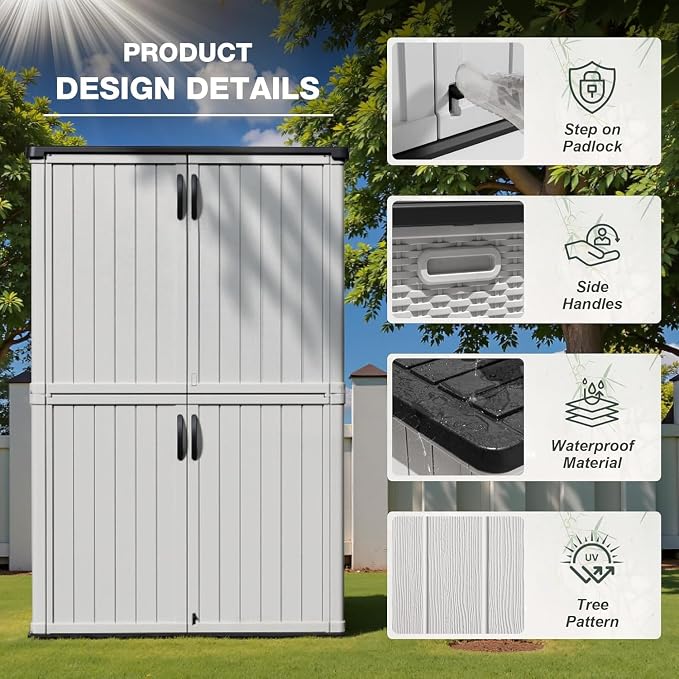Greesum Outdoor Storage Cabinet Without Shelves, 50 cu.ft Outdoor Waterproof Storage Shed for Garden Tools, Garbage Cans, Pool Storage, White