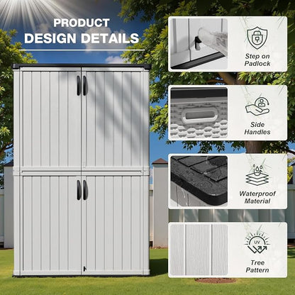 Greesum Outdoor Storage Cabinet Without Shelves, 50 cu.ft Outdoor Waterproof Storage Shed for Garden Tools, Garbage Cans, Pool Storage, White