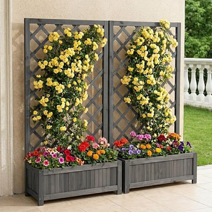 Wooden Raised Garden Bed with Trellis, 47" Outdoor Planter Box for Climbing Plants, Vertical Modern Gray Garden Planter for Vegetables, Flowers & Vines, Lattice Plant Support for Patio Yard Balcony