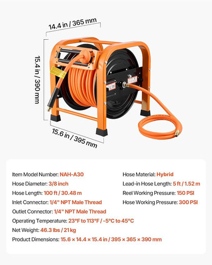 VEVOR Retractable Air Hose Reel, 3/8 Inch x 100 FT Hybrid Air Hose Max 300PSI, Auto Rewind Air-Compressor Hoses Reel with 5ft Lead in, Portable Freestanding Heavy Duty Steel Reel for Garages Workshops