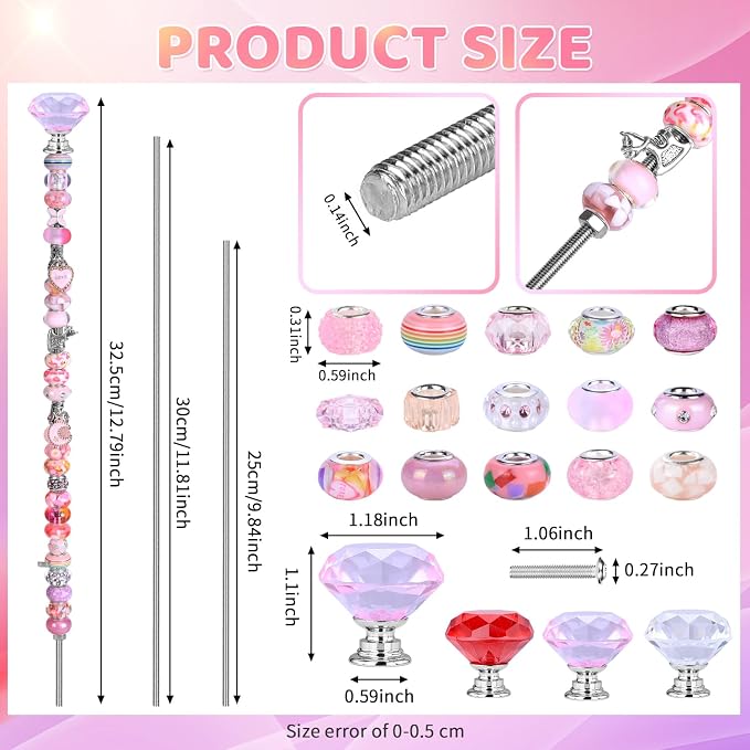 AIPRIDY DIY Crystal Beaded Fairy Wand Garden Stakes Kit, Colorful Decorative Wands with Assembly Guide, 12 or 10 Inch Threaded Rods,Outdoor Garden Decoration Set (174, Pink+Rose+Red+White+Diamond Top)
