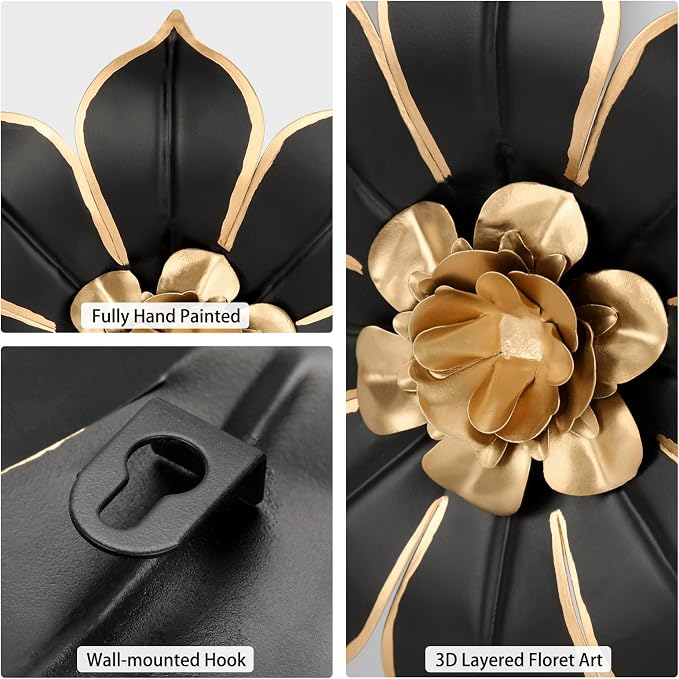 Metal Flowers Wall Decor Black and Gold Wall Art Decorations Hanging 3 Pc Rustic Modern Floral Sculpture Wall Accent Artwork Indoor Outdoor for Bathroom Kitchen Bedroom Living Room Patio Porch 10 Inch