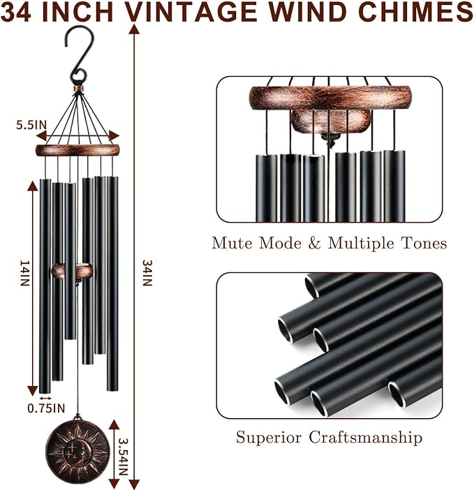 Wind Chimes for Outside, Vintage Sun Moon Star Deep Tone Wind Chime Outdoor Clearance, Patio Porch Balcony Decoration, Garden Decor Birthday Gifts for Women Mom Grandma (34" Sun Moon Star)