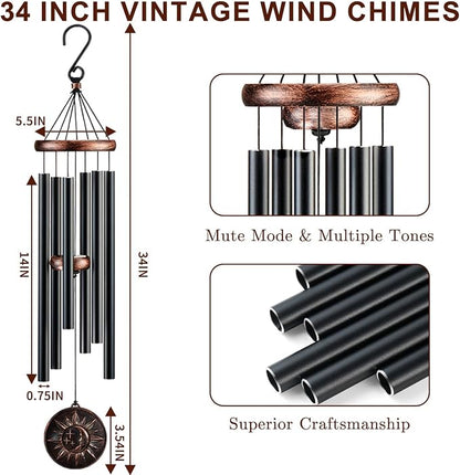 Wind Chimes for Outside, Vintage Sun Moon Star Deep Tone Wind Chime Outdoor Clearance, Patio Porch Balcony Decoration, Garden Decor Birthday Gifts for Women Mom Grandma (34" Sun Moon Star)