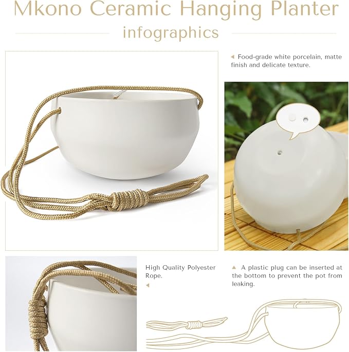 Mkono Ceramic Hanging Planter of Shallow 8 Inch and Deep 6 Inch for Indoor Outdoor Plants, Set of 2 Modern Plant Pot Geometric Porcelain Hanging Basket with Polyester Rope Hanger