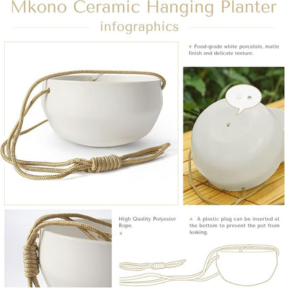 Mkono Ceramic Hanging Planter of Shallow 8 Inch and Deep 6 Inch for Indoor Outdoor Plants, Set of 2 Modern Plant Pot Geometric Porcelain Hanging Basket with Polyester Rope Hanger