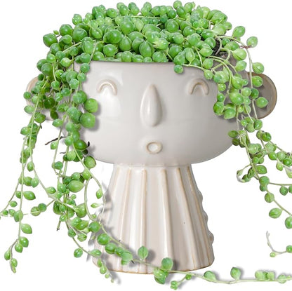 Face Planter Pot 7 Inch - Cute Ceramic Flower Head Planter for Indoor Outdoor Succulent Pot with Drainage Hole Flower Pot Present for Mother Christmas White