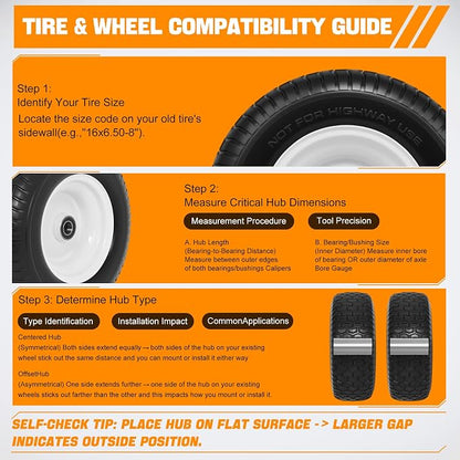 Yesker 16x6.50-8 Flat Free Lawn Mower Tire and Wheel Assembly with 1" Bearing Bore, 16x6.50-8nhs Solid Riding Lawnmower Tires with 3" Center Hub, 2 Pack