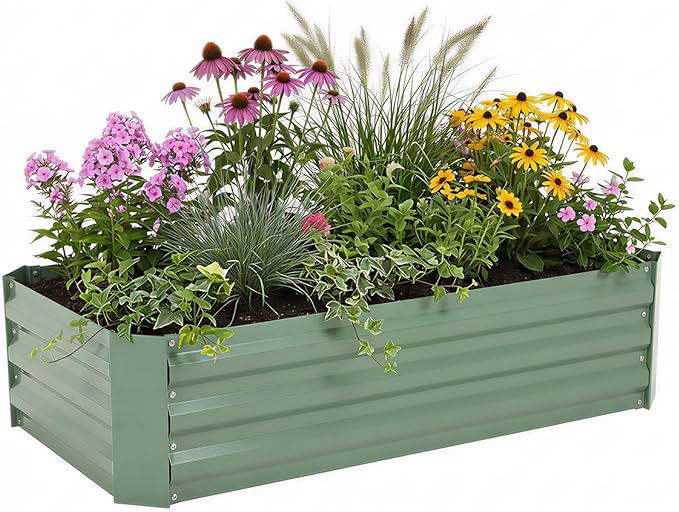 Aoodor 4 x 2 x 1 ft Outdoor Raised Garden Bed, Reinforced Galvanized Steel Planter Box for Vegetables, Flowers,Fruits and Herbs