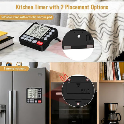 Digital Dual Kitchen Timer, 4 Channels Independent Countdown Timer, Large Display, On/Off, Loud Volume Alarm and Flashing Light with Magnetic Back, Stand, Battery Included (Black)