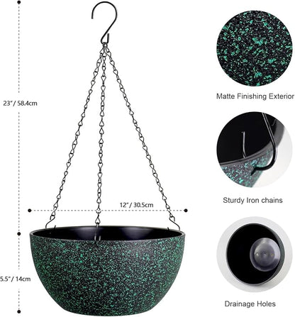 Meowell 12 inch Large Hanging Planters for Indoor Outdoor Plants, 2 Pack Hanging Flower Pots with Drainage Holes and Chain, Plastic Hanging Baskets for House Plants, Black with Green Speckles