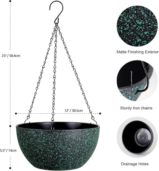 Meowell 12 inch Large Hanging Planters for Indoor Outdoor Plants, 2 Pack Hanging Flower Pots with Drainage Holes and Chain, Plastic Hanging Baskets for House Plants, Black with Green Speckles