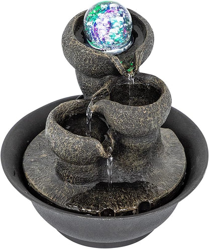 Ferrisland Indoor Tabletop Water Fountain, Desktop & Table Waterfall Fountains, Relaxation Fengshui Home Decor with LED Light for Home Office Bedroom House Warming Gift Idea (Three Stairs)