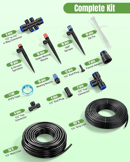 Pawfly 230 ft Quick Connect Drip Irrigation Kit, Drip Irrigation System for Garden Watering System with 1/2" (33 ft) & 1/4" (197 ft) Tubing and Accessories Garden Irrigation System for Greenhouse Lawn