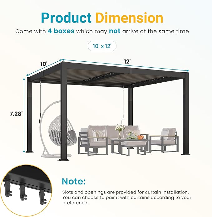 Louvered Pergola, 10' x 12' Outdoor Pergola, Aluminum Frame Patio Gazebo with Adjustable Louvers Roof and Integrated Gutter System, Outdoor Hardtop Gazebo for Patio, Backyard, Deck, Garden, Dark Gray