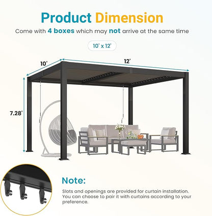 Louvered Pergola, 10' x 12' Outdoor Pergola, Aluminum Frame Patio Gazebo with Adjustable Louvers Roof and Integrated Gutter System, Outdoor Hardtop Gazebo for Patio, Backyard, Deck, Garden, Dark Gray