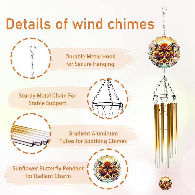 Butterfly Wind Chimes for Outside with Wind Spinner, Summer Garden Patio Yard Decor, Sunflower Monarch Butterfly Wind Chime with Colorful Gift Box, Birthday Housewarming Gifts for Women Mom
