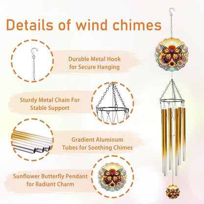 Butterfly Wind Chimes for Outside with Wind Spinner, Summer Garden Patio Yard Decor, Sunflower Monarch Butterfly Wind Chime with Colorful Gift Box, Birthday Housewarming Gifts for Women Mom