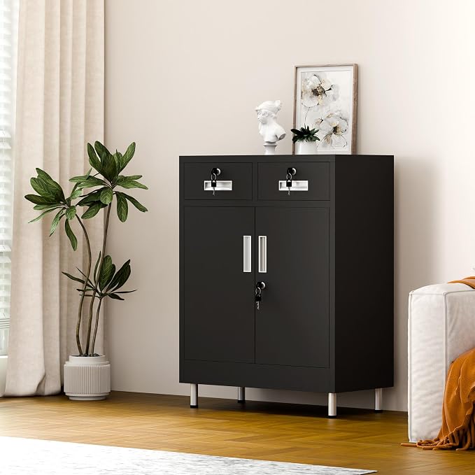 JINGUR Metal Storage Cabinet with Locking Doors and 2 Drawers, Lockable Storage Cabinet with Adjustable Shelf for Home Office Garage Entryway Pantry (Black)