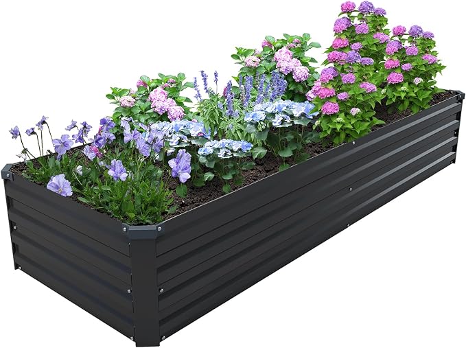 2PCS 8x2x1ft Galvanized Raised Garden Bed Kit,Gardening Planter Box | Outdoor Elevated Metal Planter Box For Vegetables, Flowers, Herbs, Anti-Rust Galvanized Steel, Open Drainage, Sturdy (Black)