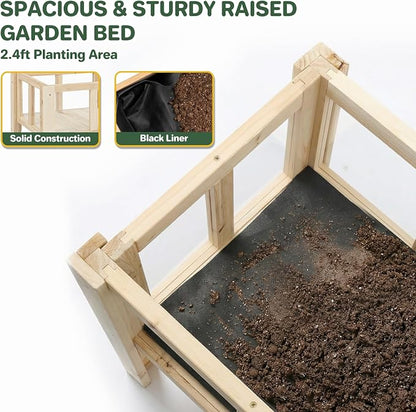 Raised Garden Bed for Small Balcony, 28.3''x16.3''x23.6'' Wood Planter Box with Transparent Window, Drainage Holes, Storage Shelf, Garden Beds Flower Stand Patio Kitchen, Gift for Gardening