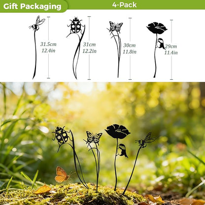 4-Pack Metal Yard Stakes for Outdoor, Black Bird Bee Butterfly Ladybug Set | Rust-Resistant Metal, Black Silhouette, Cute Insect Shapes, For Yard Flower Bed Planters Patio Lawn, Outdoor & Indoor Decor