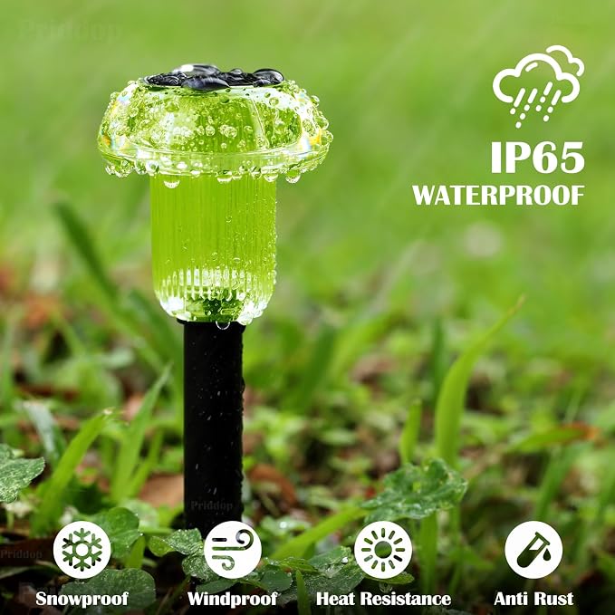 Priddop Solar Halloween Lights Outdoor Waterproof 8 Pack Green LED Mushroom | Yard Pathway Garden Decorative Patio Landscape Path Walkway Spike Pattern Acrylic Cap ABS Stake Outside Halloween Decor