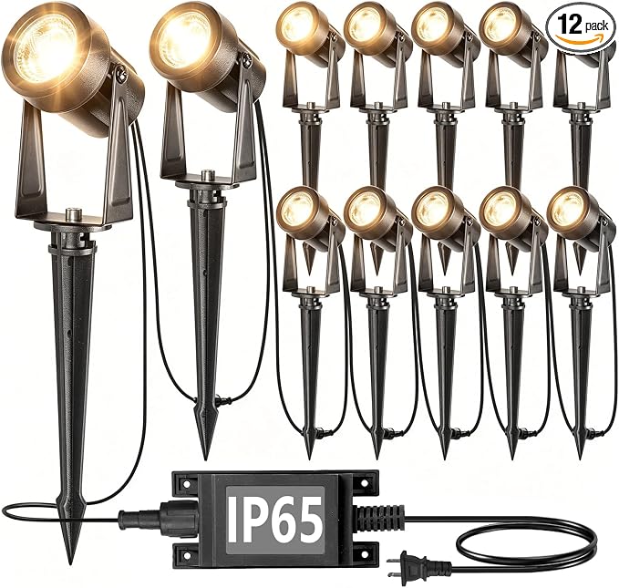 SUNTHIN Outdoor Landscape Lighting, 12 Pack LED Spot Lights Kit, Warm White | IP65 Waterproof, Extendable, Connects up to 20 lamp heads, for Garden, Yard, House, Lawn, Tree, Flags, Fence Use