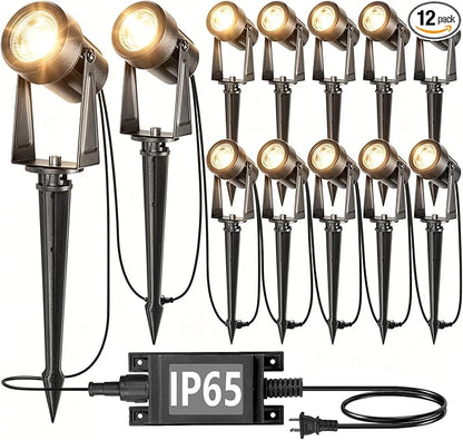 SUNTHIN Outdoor Landscape Lighting, 12 Pack LED Spot Lights Kit, Warm White | IP65 Waterproof, Extendable, Connects up to 20 lamp heads, for Garden, Yard, House, Lawn, Tree, Flags, Fence Use